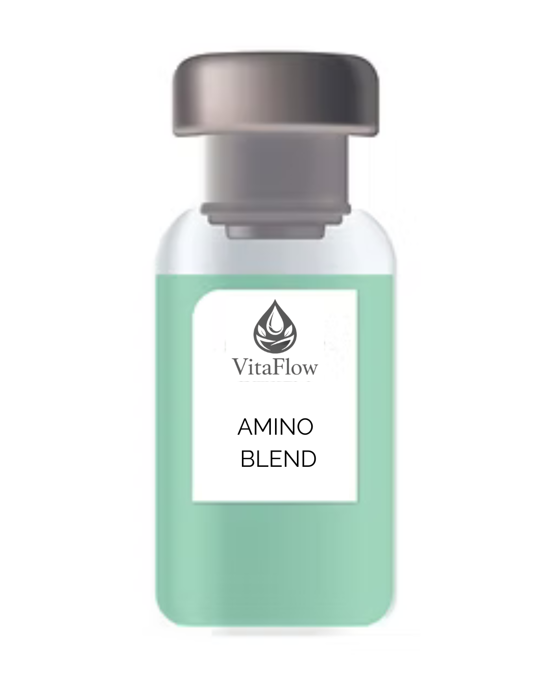 Bottle labeled VitaFlow Amino Blend with a gray cap and a light green and white label.