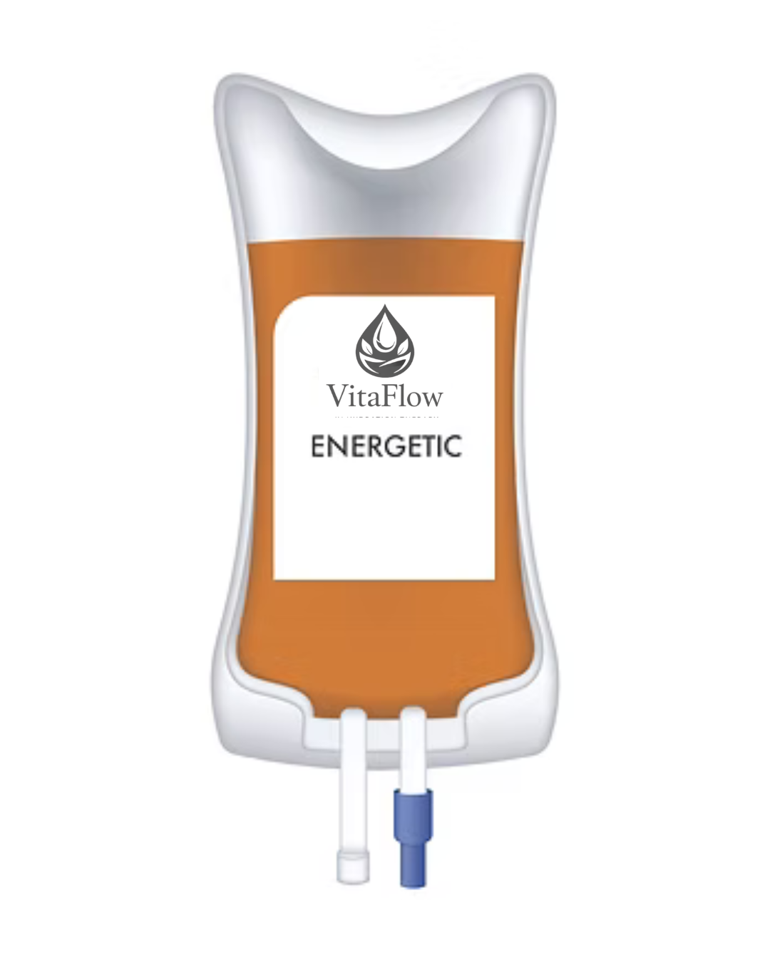A medical IV drip labeled VitaFlow Energetic with a brown liquid inside.