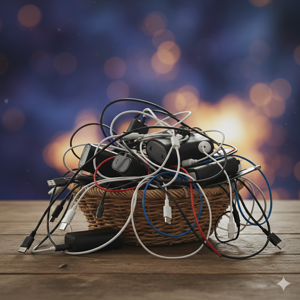 tangled battery and phone charger cords