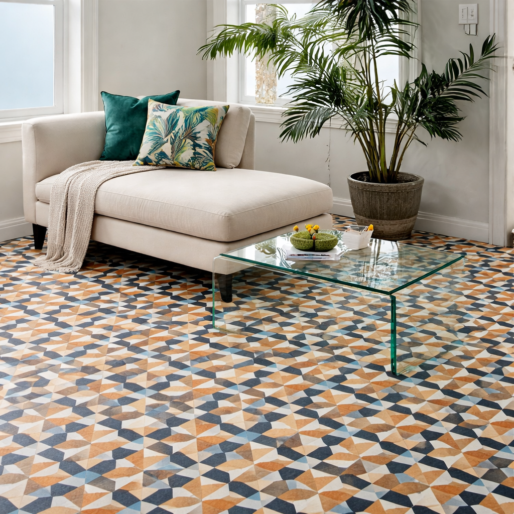 Geometric pattern vinyl flooring in a bright living space with chaise longue seating and a UV-bonded glass coffee table