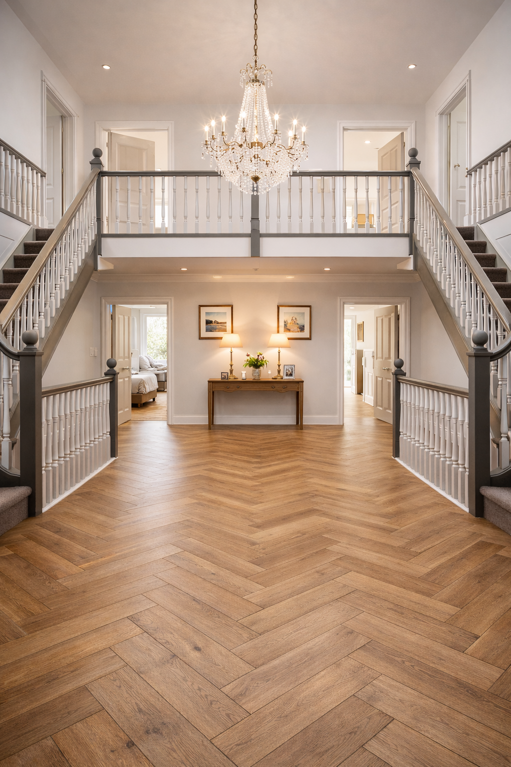 Herringbone laminate flooring fitted in a grand hallway with chandelier and twin staircases leading to the first floor in Surbiton, Surrey.