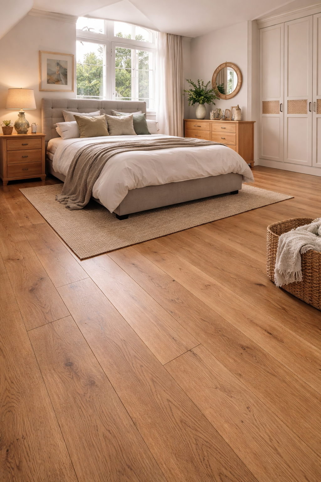 Engineered oak wood flooring fitted in a bright modern bedroom with warm natural timber finish in Surbiton and Southwest London