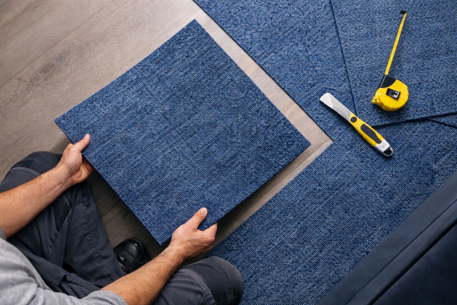 Worker installing blue modular carpet tiles for commercial office flooring