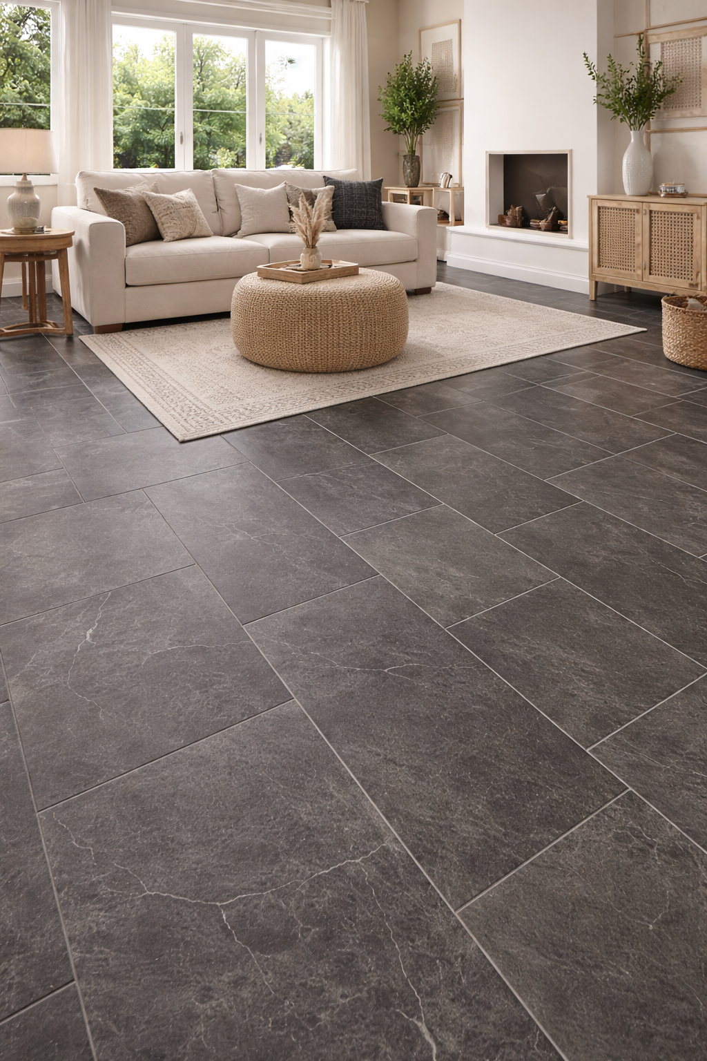 Luxury vinyl tile flooring fitted in a modern living room with dark grey stone-effect tile finish in Surbiton and Southwest London