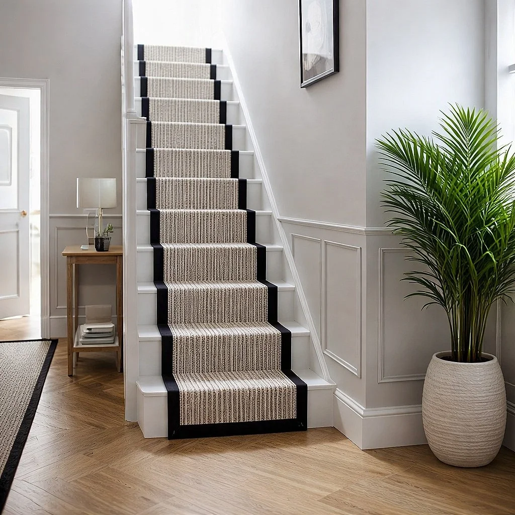 Interior of a house showing a carpeted staircase with a black border, a small wooden side table with a lamp and decorative items, a potted green plant, and a framed picture on the wall.