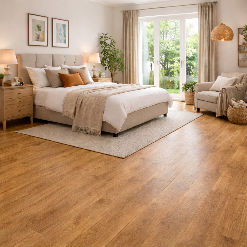 Oak effect vinyl flooring in a bright modern bedroom with natural wood furniture and garden-facing French doors
