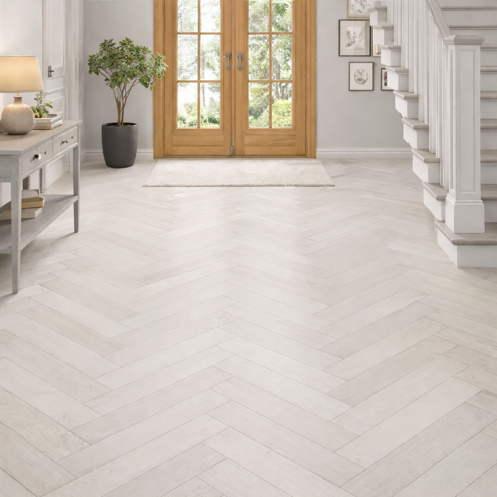 Luxury herringbone LVT flooring in a bright entrance hallway in Surbiton and South West London