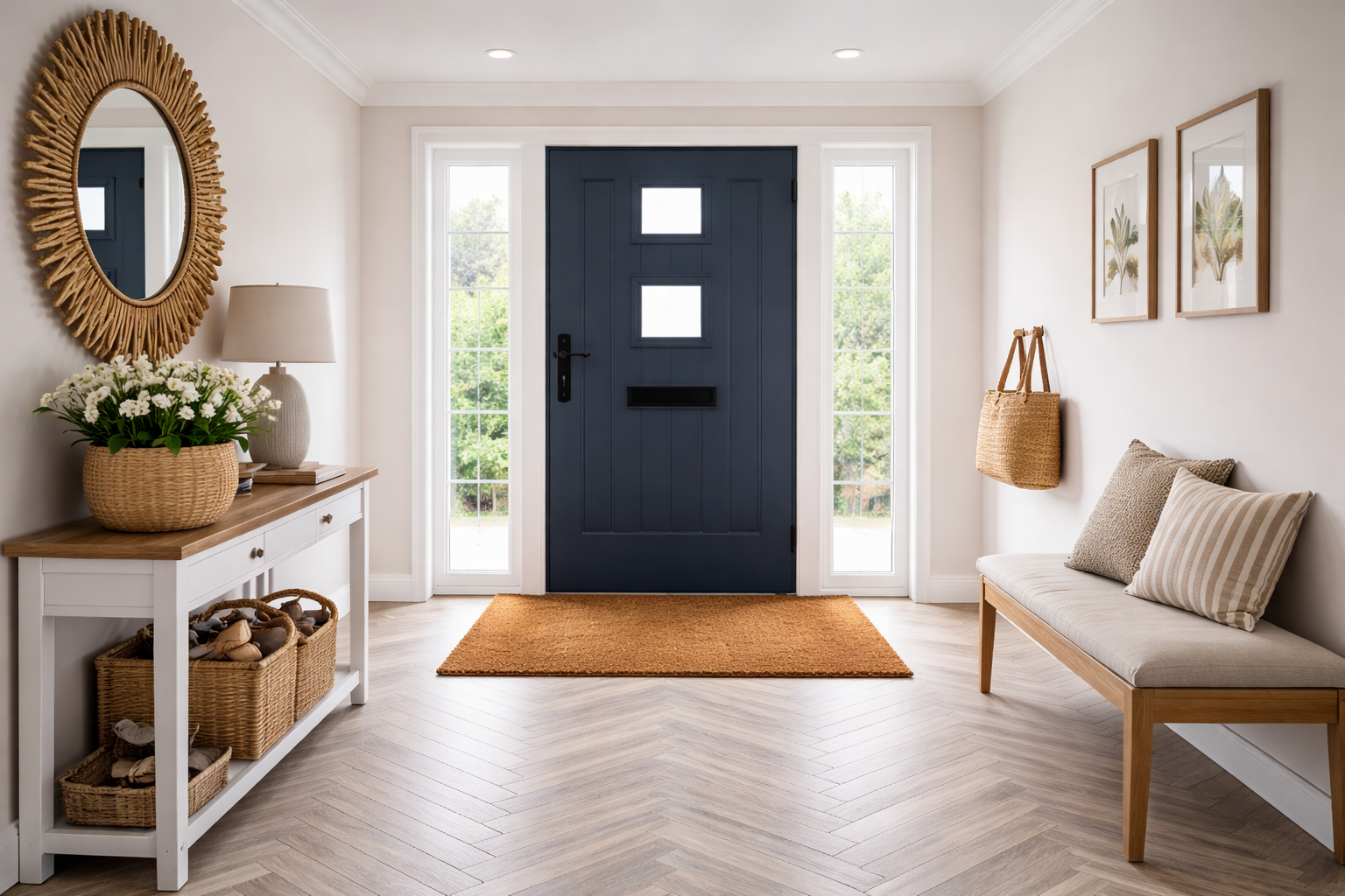 Luxury entrance hallway with dark blue front door, natural coir entrance mat, light herringbone wood flooring, neutral walls, console table and bench seating in a bright modern UK home interior.