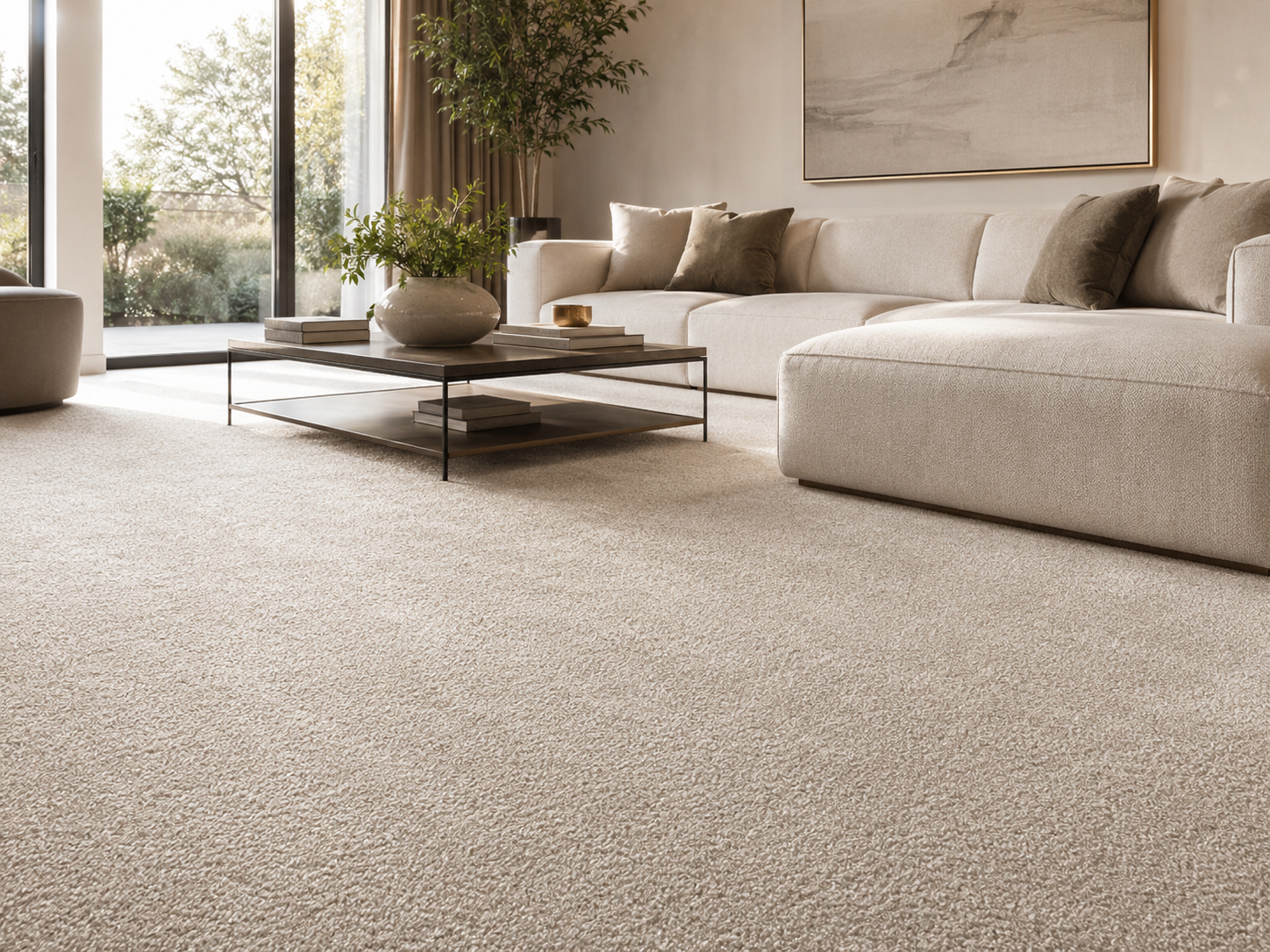 Premium plush carpet close-up in a luxury lounge setting by AG Carpet & Flooring, highlighting soft texture and high-quality carpet fitting.