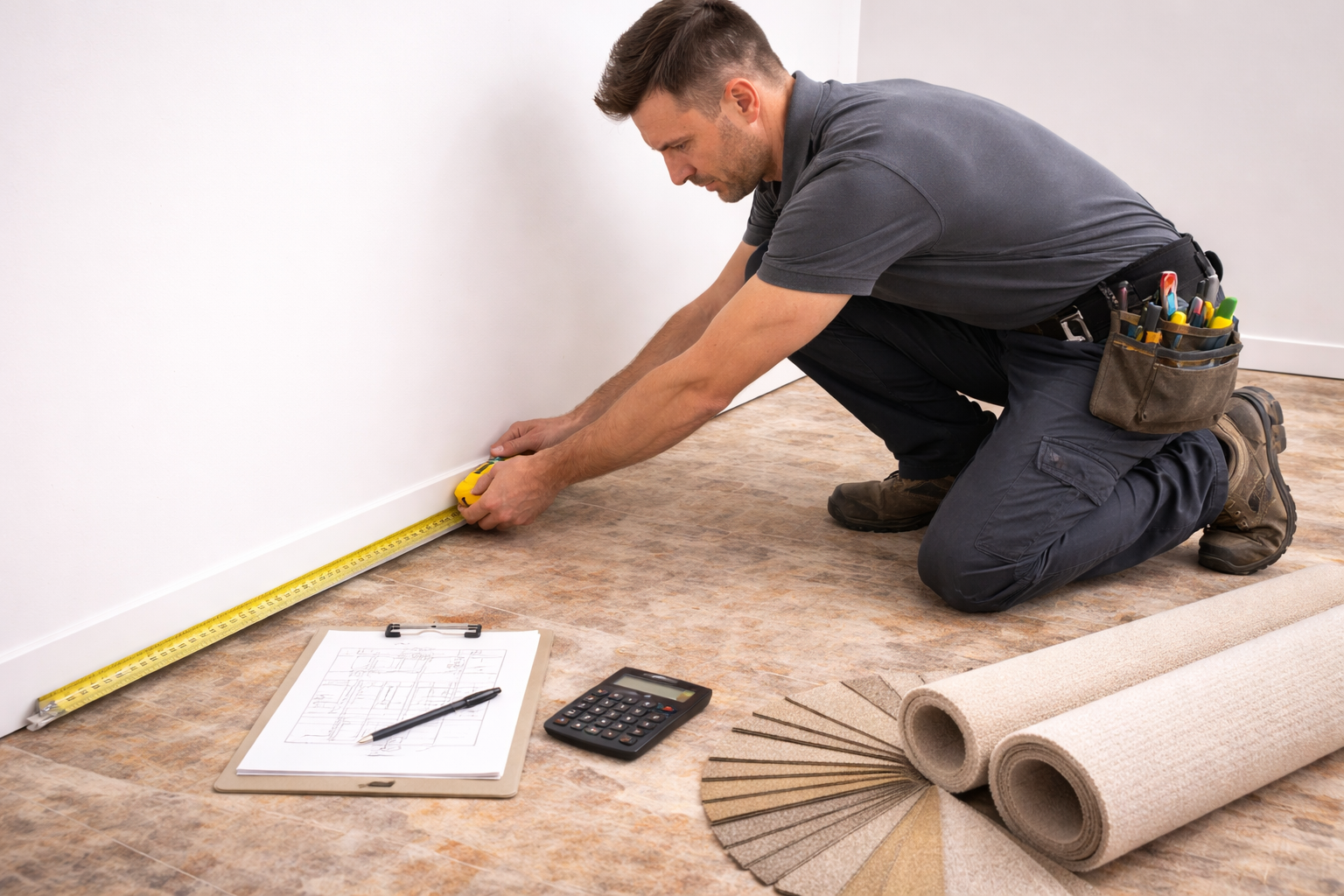 Flooring installer measuring a room with a tape measure to prepare a carpet installation estimate.