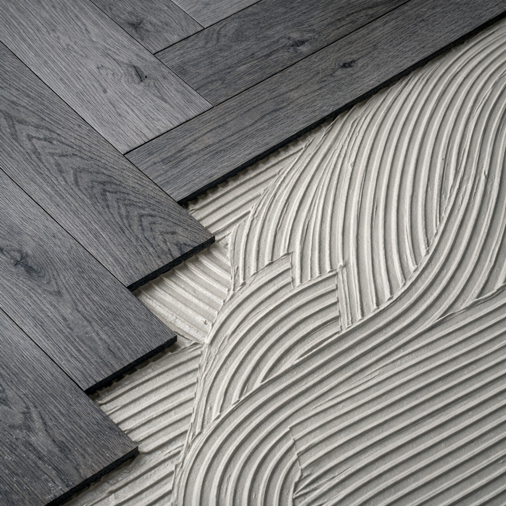 Dark grey engineered timber floor being installed into adhesive with trowel-applied ridges