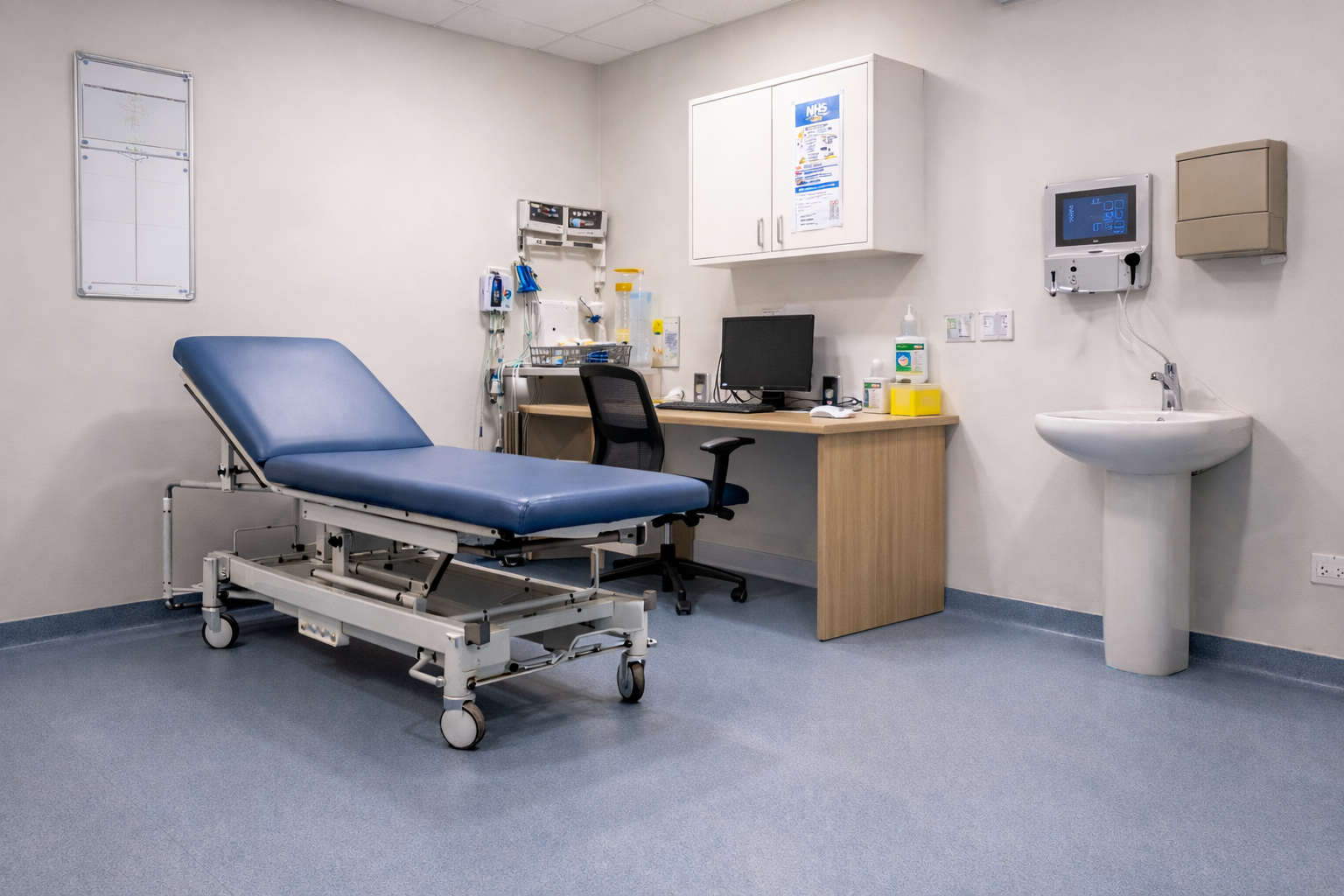 Vinyl safety flooring installed in a UK GP surgery treatment room with desk, chair, computer and examination bed
