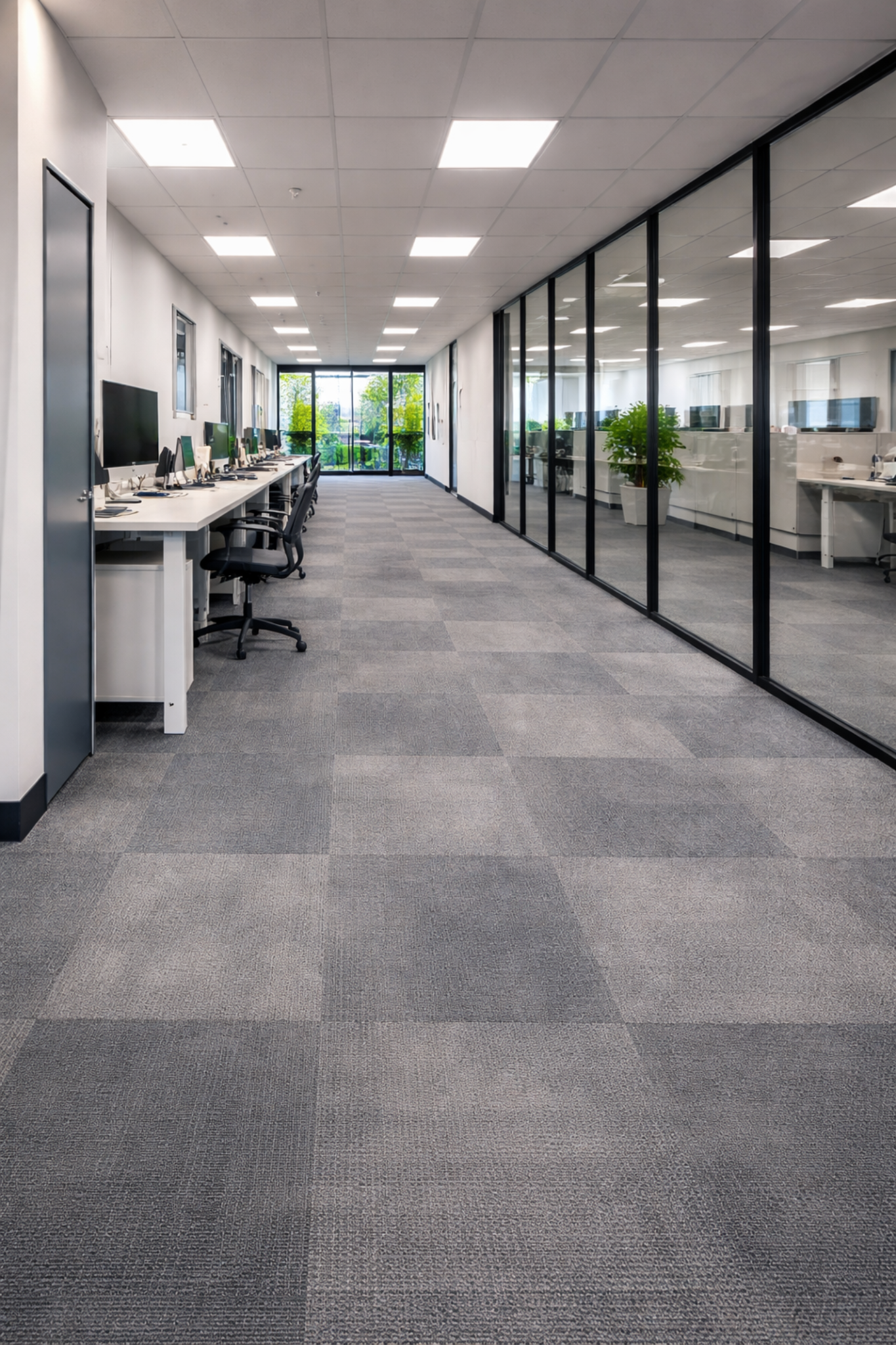 Commercial office carpet tiles in grey installed in a modern open-plan workspace with glass partitions and desks, providing durable, low-maintenance flooring for high-traffic office environments in Surrey and South West London