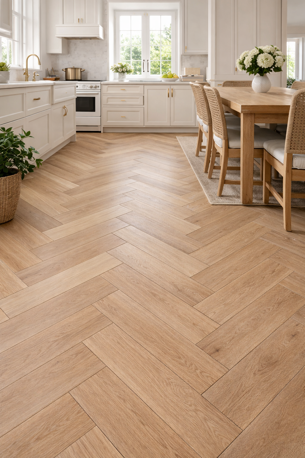 Luxury vinyl tile flooring fitted in a bright kitchen and dining room with warm herringbone wood-effect finish in Surbiton and Southwest London