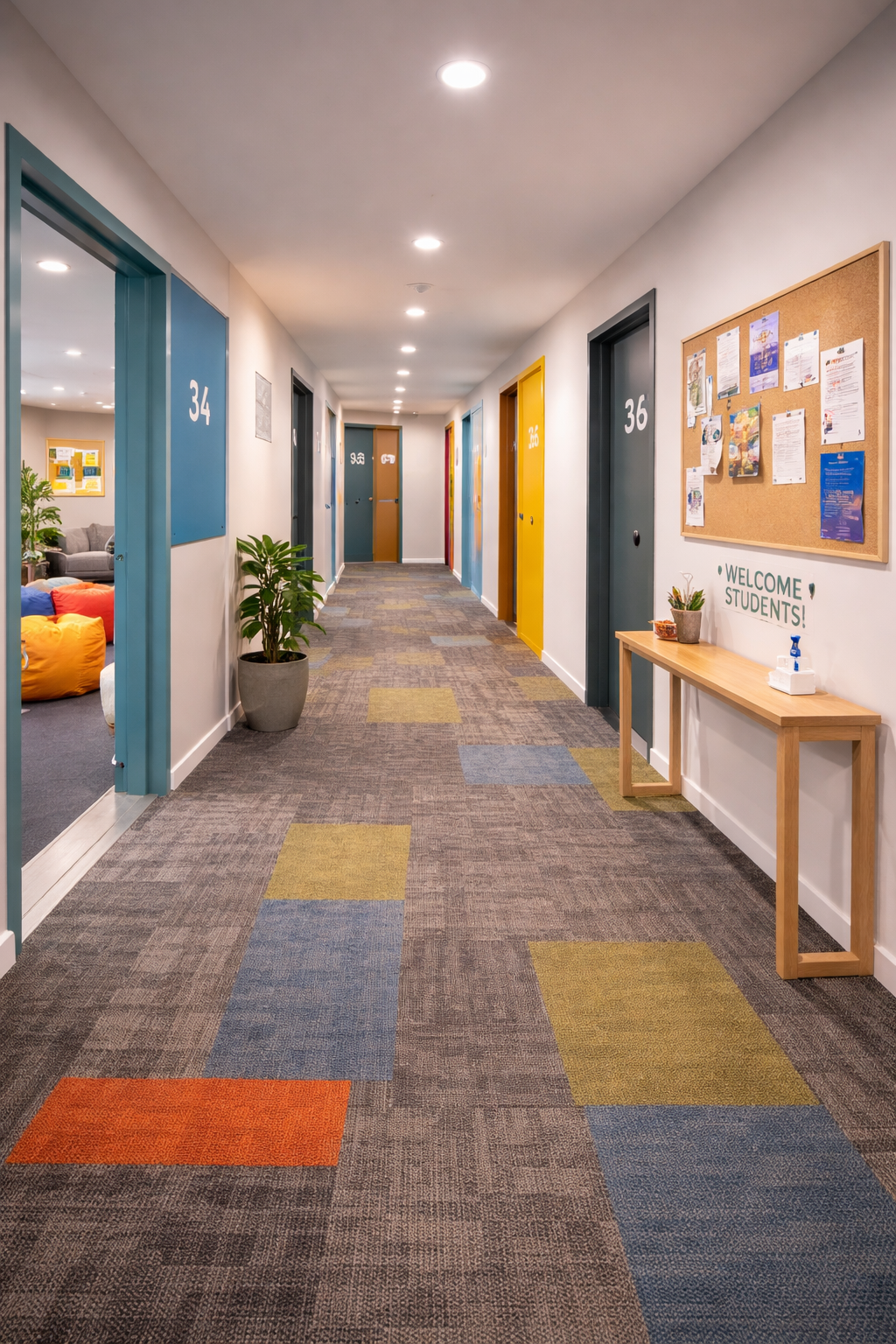 Modern student accommodation corridor with durable carpet tiles, colourful inset floor accents, numbered room doors and a bright communal hallway interior.