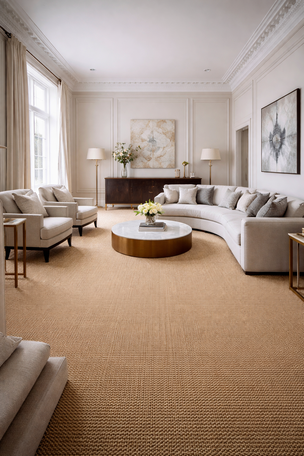 Full sisal carpet flooring in a luxury London living room with high ceilings, panelled walls and elegant interior styling, suitable for homes in Surrey and South West London
