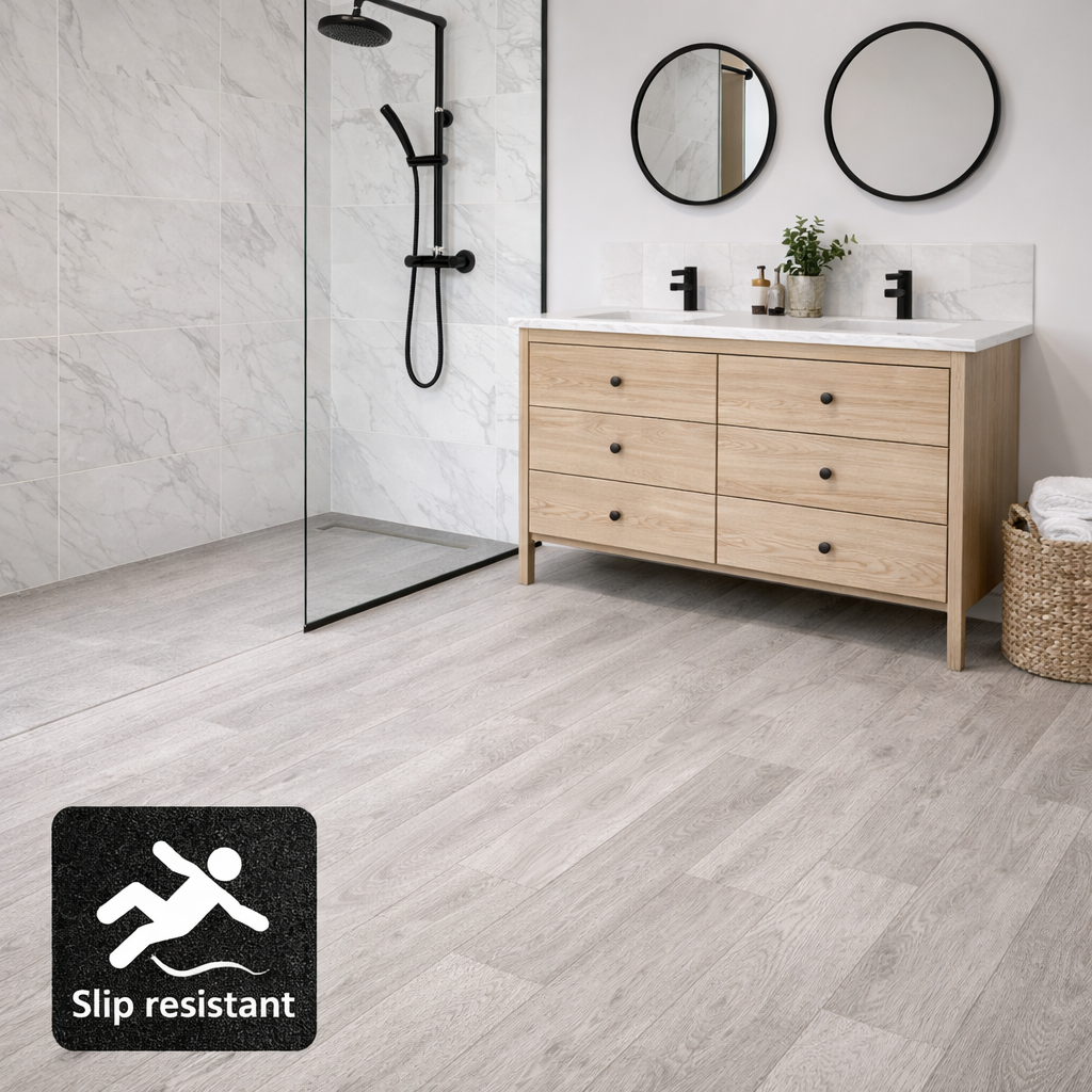 Slip resistant wood effect vinyl flooring in a modern bathroom with walk-in shower and contemporary vanity unit