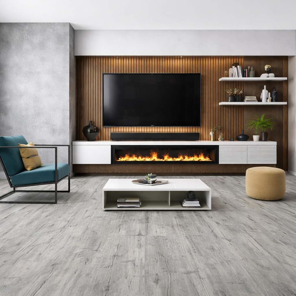 Modern living room with large media wall, timber slat panelling, built-in electric fireplace under TV and grey wood effect vinyl flooring