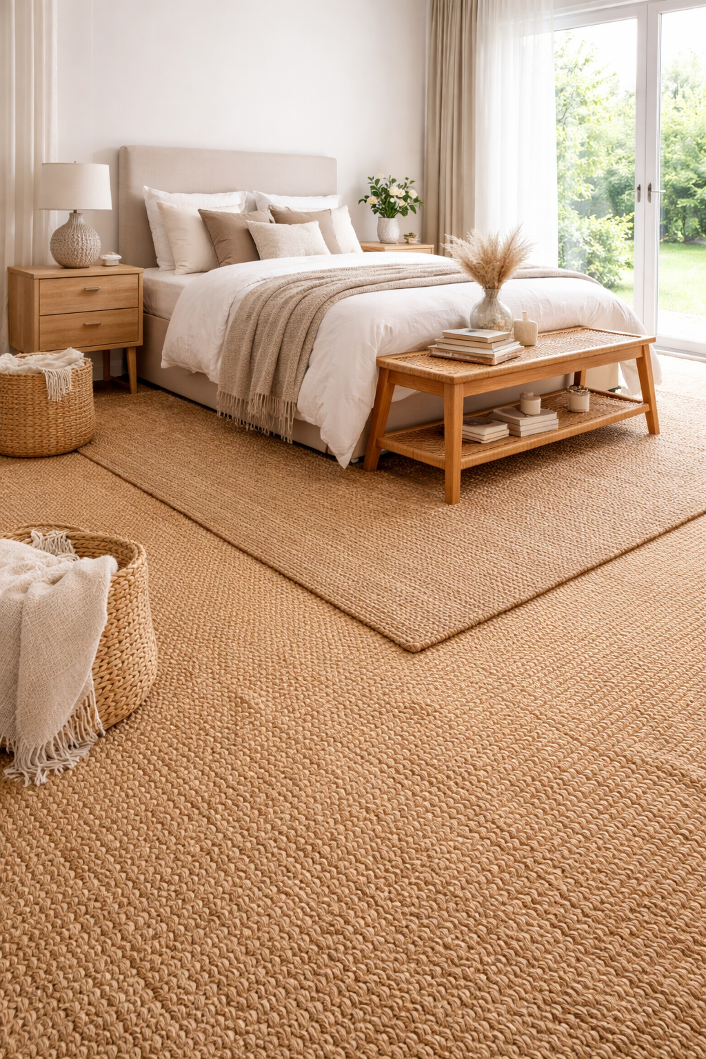 Natural jute carpet fitted in a bright modern bedroom with full floor installation and soft neutral interior styling in Surbiton and Southwest London