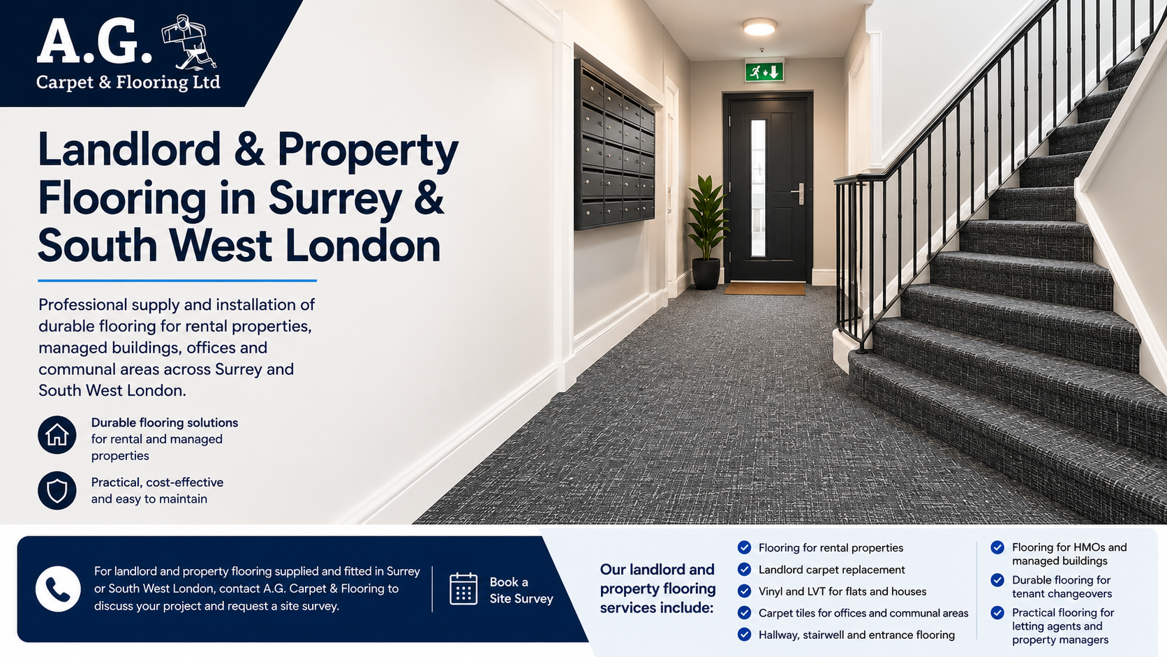 Landlord and property flooring FAQs for rental properties, managed buildings, communal areas, carpets, vinyl, LVT and carpet tile installation by A.G. Carpet & Flooring across Surrey and South West London.
