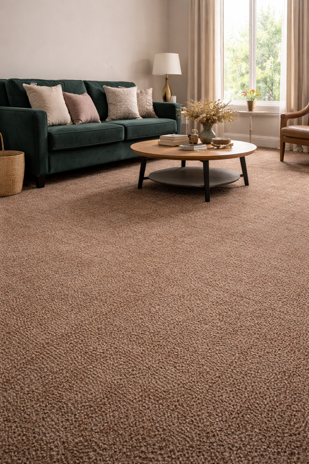 Warm brown twist pile carpet fitted in a modern living room with dark green sofa and natural styling in Surbiton and Southwest London