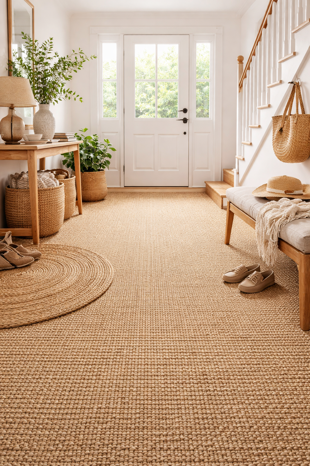 Natural seagrass flooring fitted in a bright hallway entrance with stairs and full floor installation in Surbiton and Southwest London