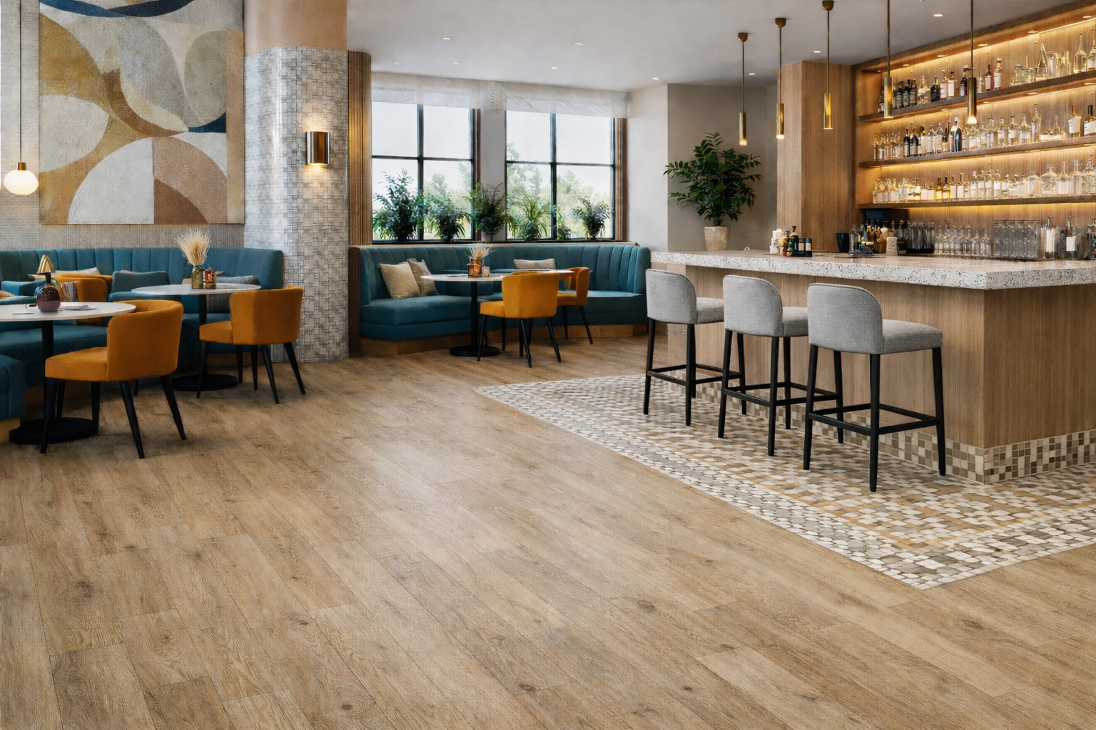 Commercial luxury vinyl tile flooring in a modern restaurant with mosaic tile border around bar area in Surbiton and South West London