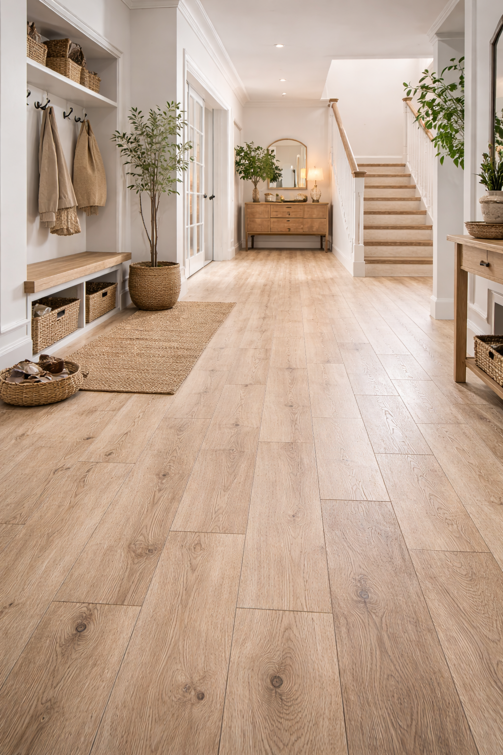 Light wood-effect laminate flooring fitted in a bright hallway and landing area in Surbiton, Surrey.