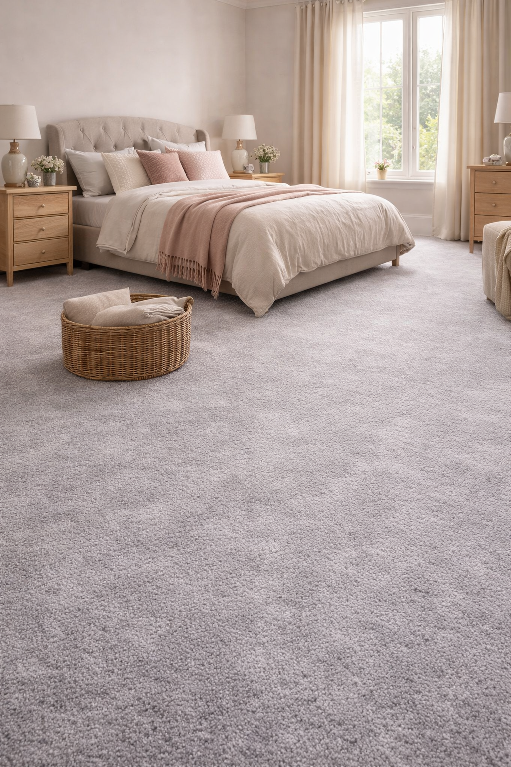 Soft light grey Saxony carpet fitted in a bright modern bedroom with neutral furniture and plush underfoot finish in Surbiton and Southwest London