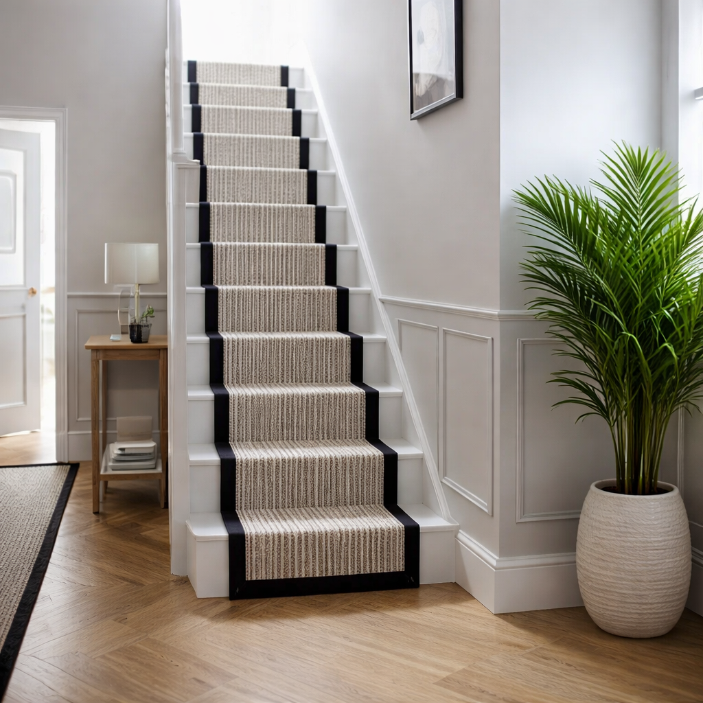 "Striped staircase carpet runner with black border fitted in a modern hallway with white panelled walls and wooden flooring."