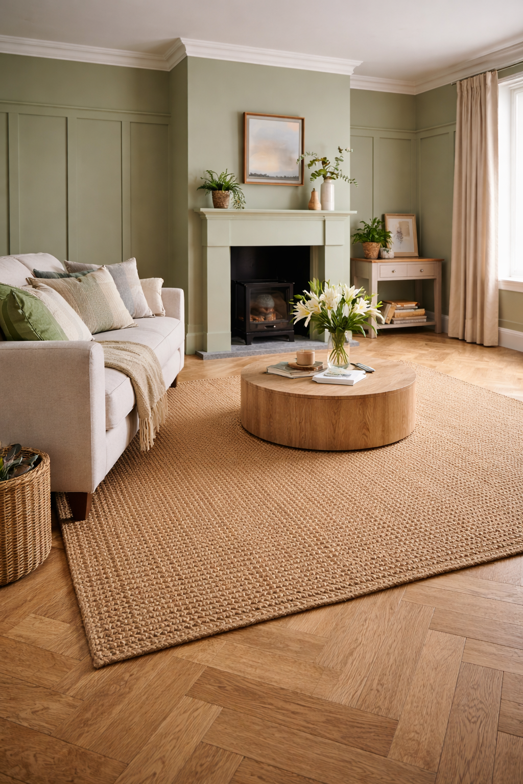 Jute carpet flooring in a stylish living room with green panelled walls, neutral sofa and lilies, natural textured flooring ideal for homes in Surrey and South West London
