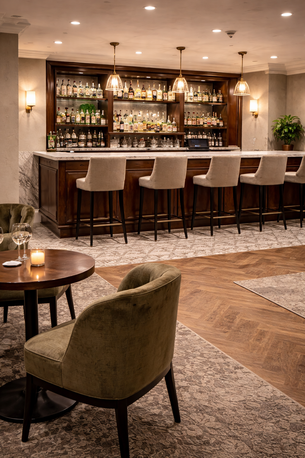 Hospitality bar with patterned carpet seating area and tiled flooring at the bar counter.