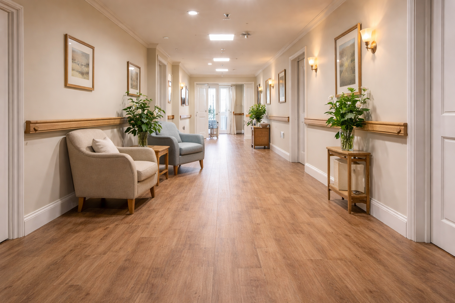 Quiet, well-lit corridor in a care facility or assisted living home, decorated with framed photos, plants, and cozy chairs.