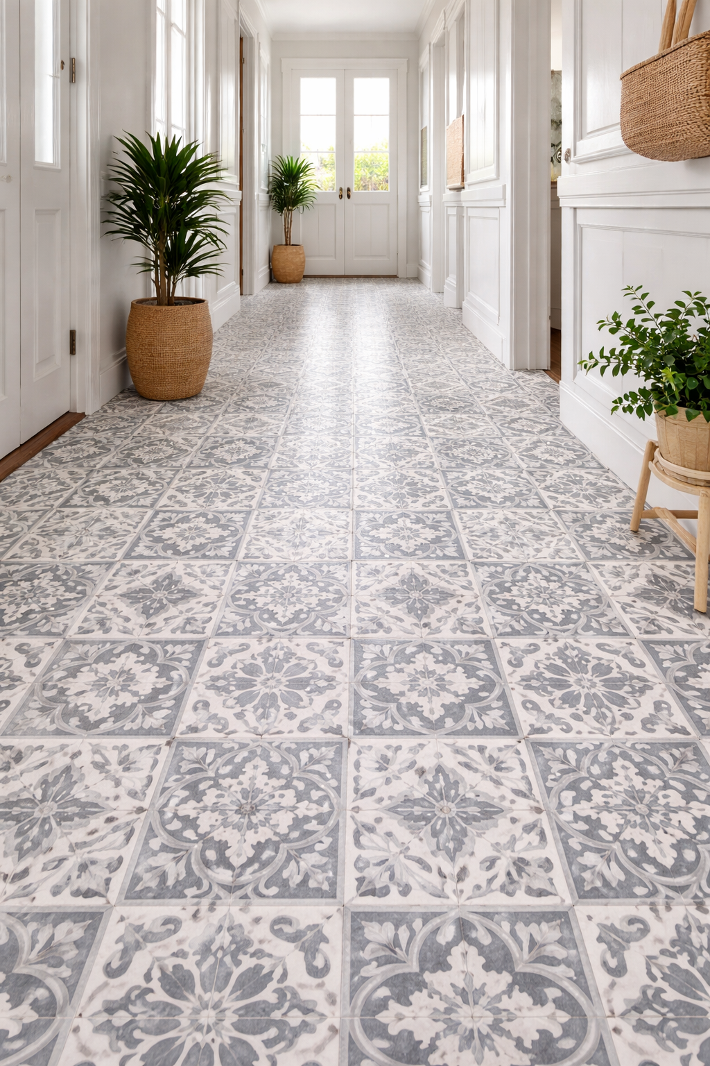 Luxury vinyl tile flooring fitted in a bright hallway with elegant grey patterned tile effect in Surbiton and Southwest London