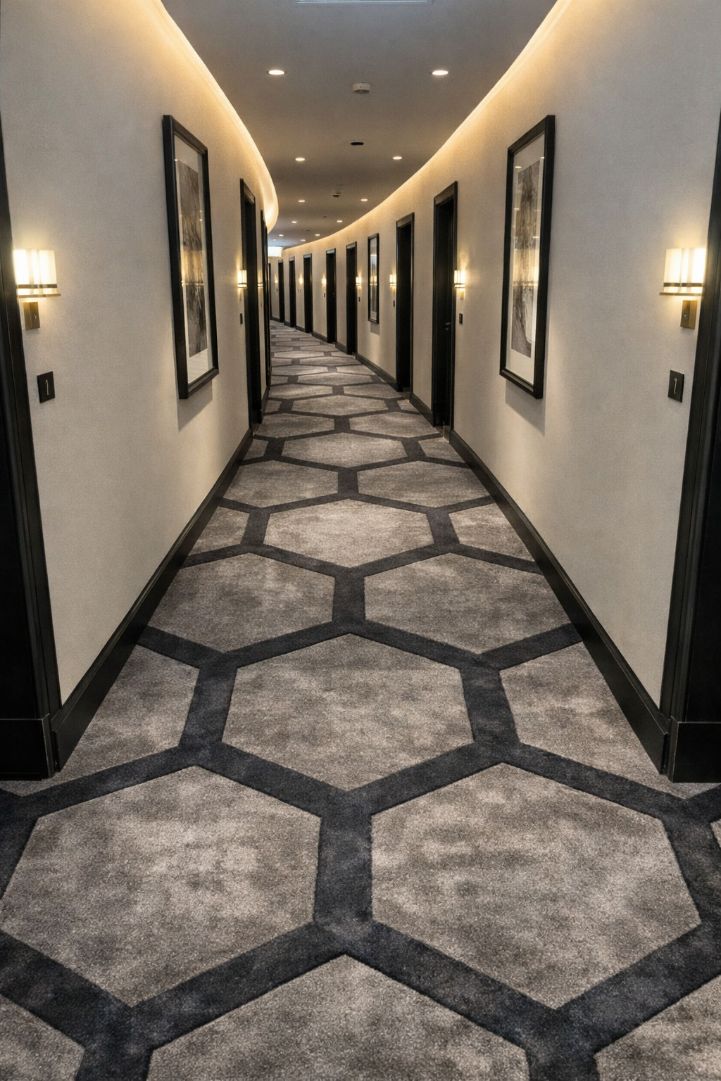 A hotel corridor with beige walls, black-framed artwork, wall-mounted lights, and a hexagonal patterned carpet, stretching into the distance.