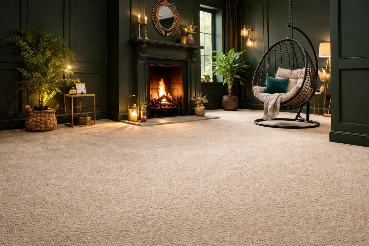 "Luxury twist pile carpet in a dark green living room with lit fireplace, hanging egg chair and indoor plants, creating a warm, modern interior."