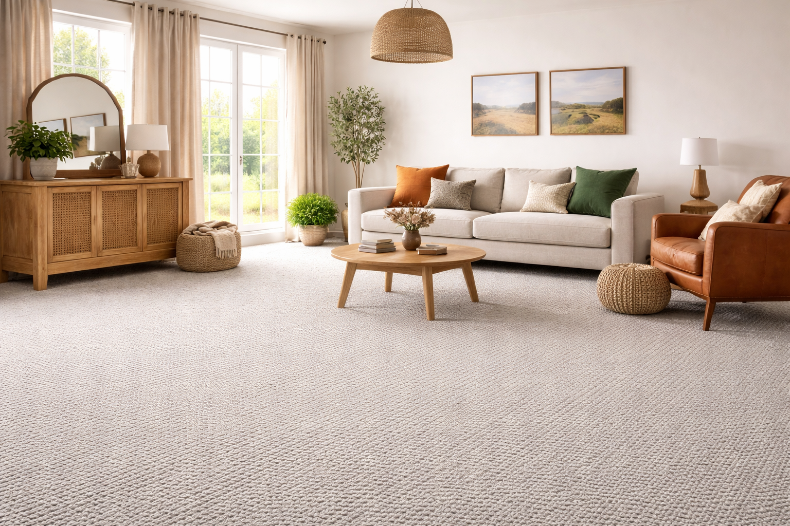 Modern living room with full floor natural wool loop carpet, neutral sofa, wooden furniture and large windows creating a warm contemporary interior.