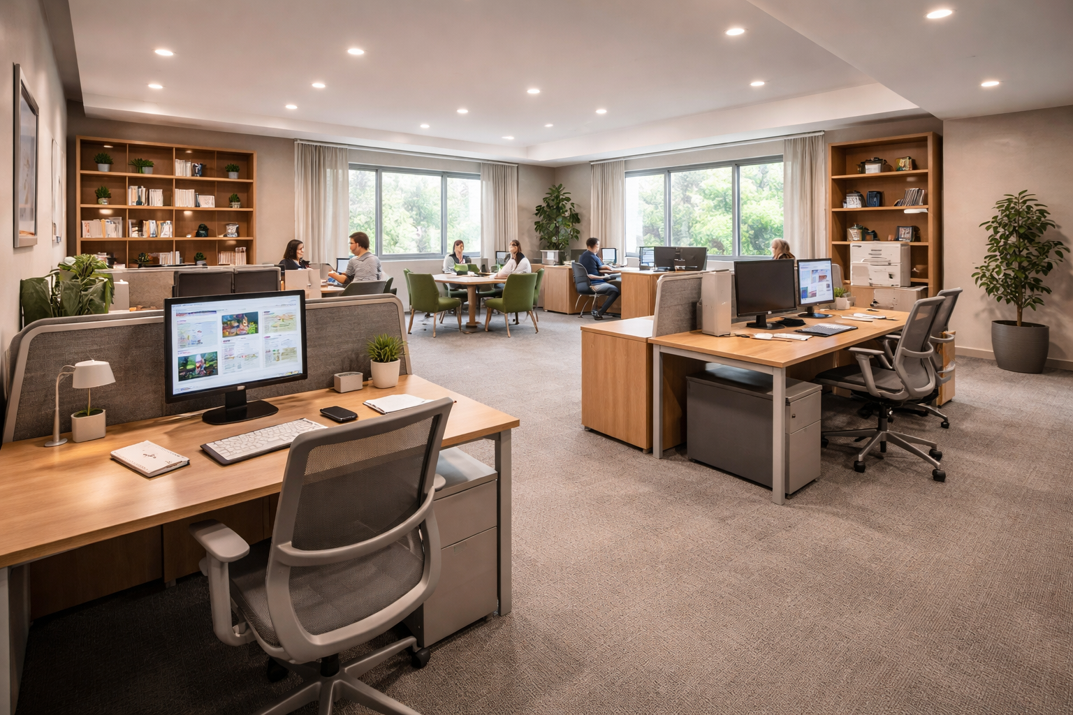Modern landlord and property management office with neutral carpet flooring, open-plan workstations, timber desks, ergonomic seating and a bright professional interior.