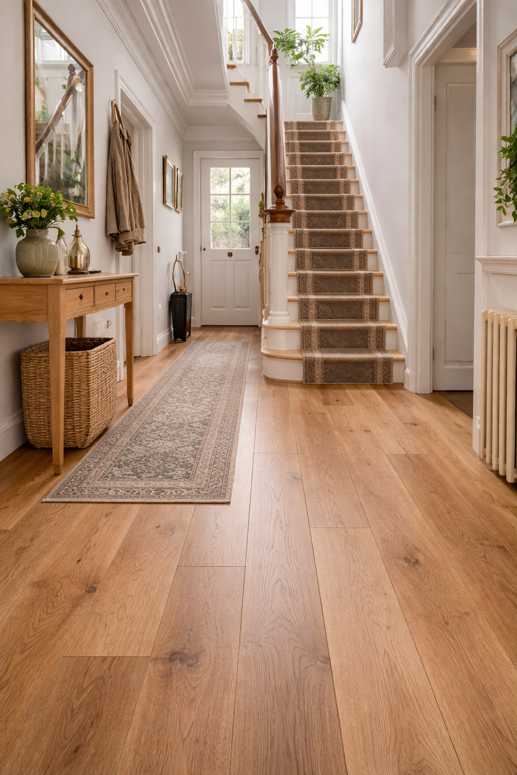 Engineered oak wood flooring fitted in a Victorian-style hallway with staircase and runner in Surbiton and Southwest London