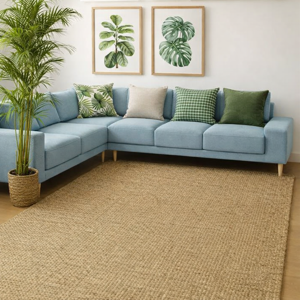 Light blue corner sofa with green cushions, tropical palm plant and botanical wall art above a natural jute rug in a modern living room interior.