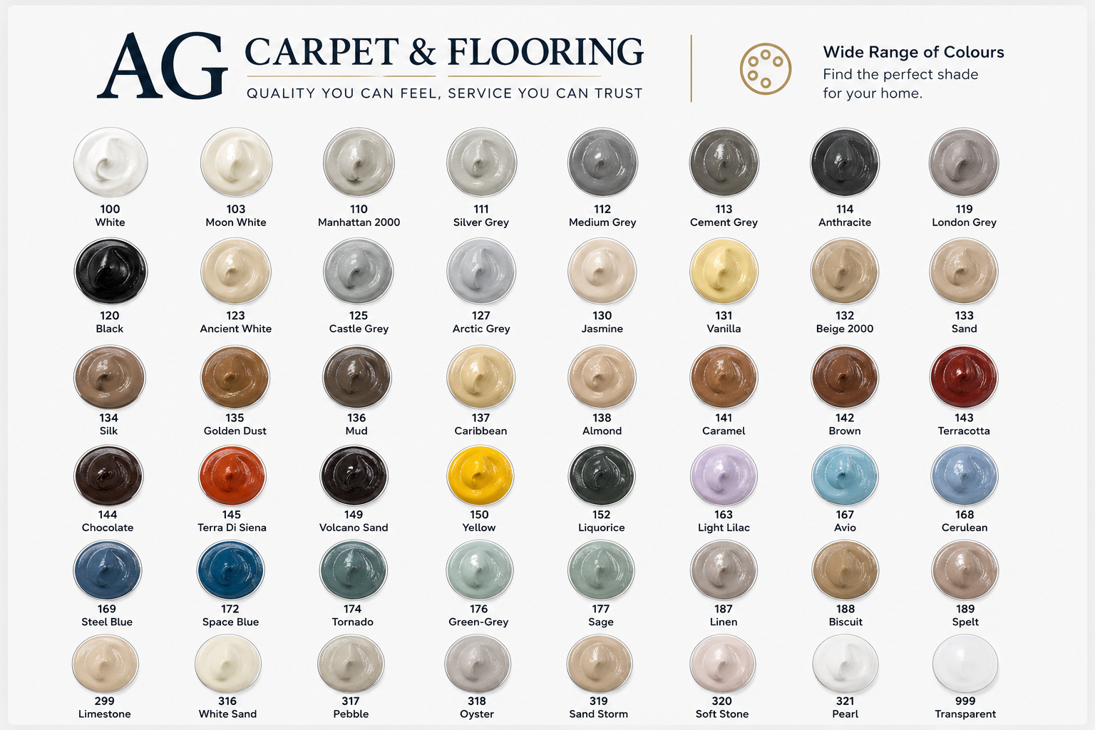 AG Carpet & Flooring carpet colour sample range showing a wide choice of premium carpet shades and finishes for homes and commercial interiors.