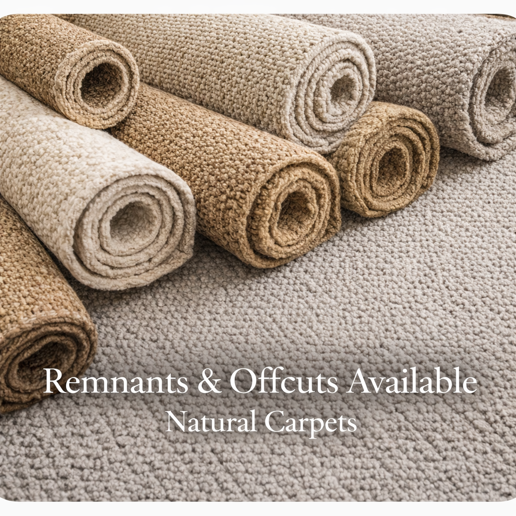 Rolled natural carpet remnants and offcuts including wool, sisal and seagrass in neutral tones available for takeaway.