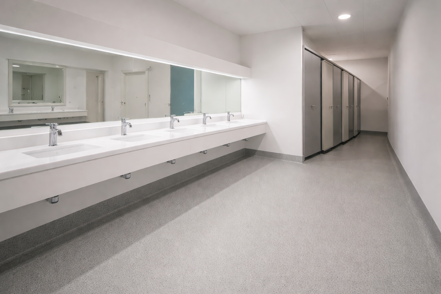 Non slip safety vinyl flooring with heat welded joints installed in a modern school washroom wet room