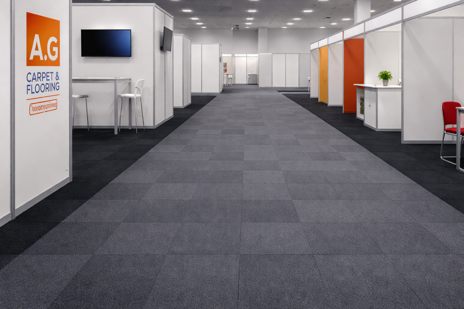 Exhibition stand flooring using dark grey carpet tiles in a modern trade show hall, clean professional finish for events in Surrey and South West London