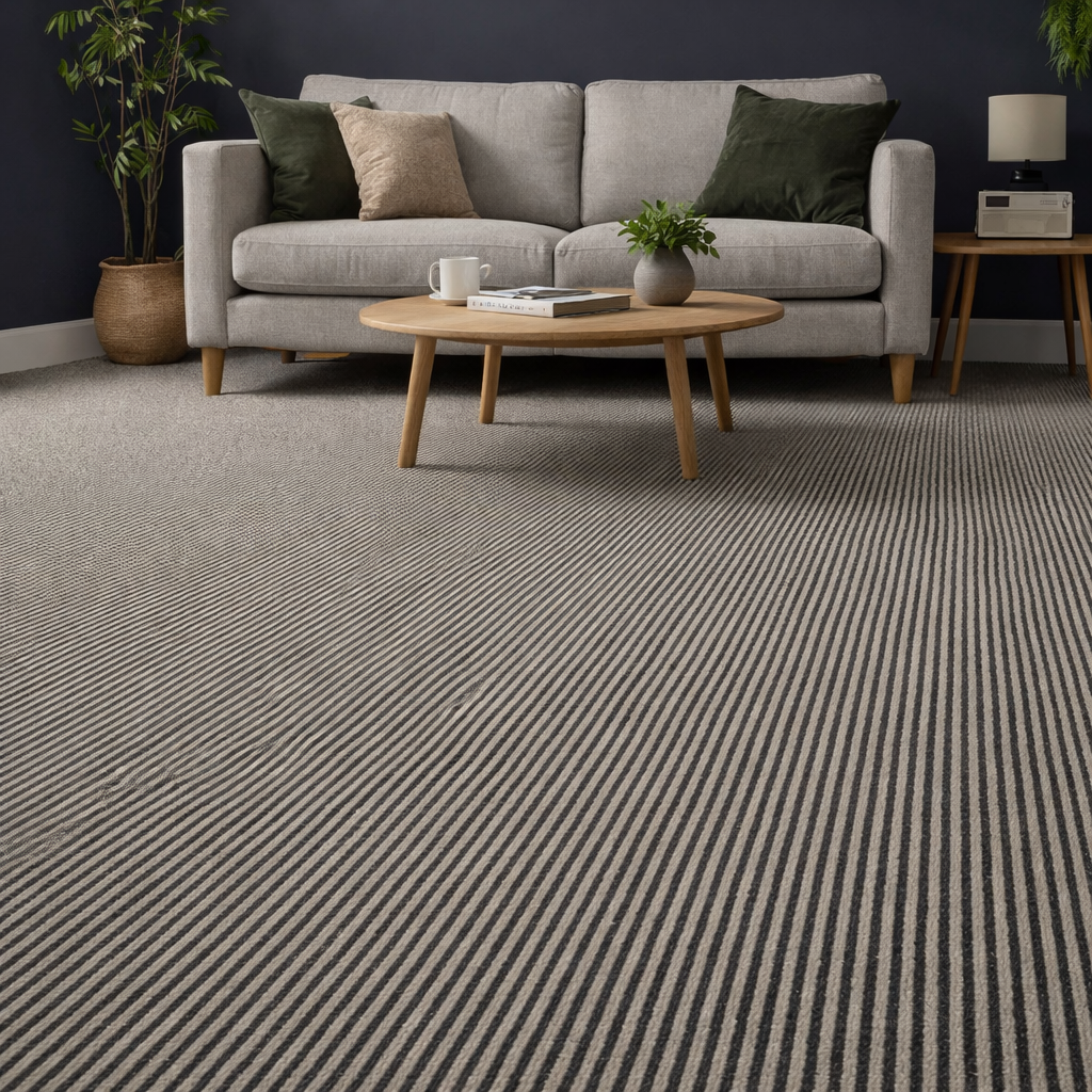 Hardwearing striped carpet in a modern living room with sofa and wooden coffee table, styled for durable everyday family use