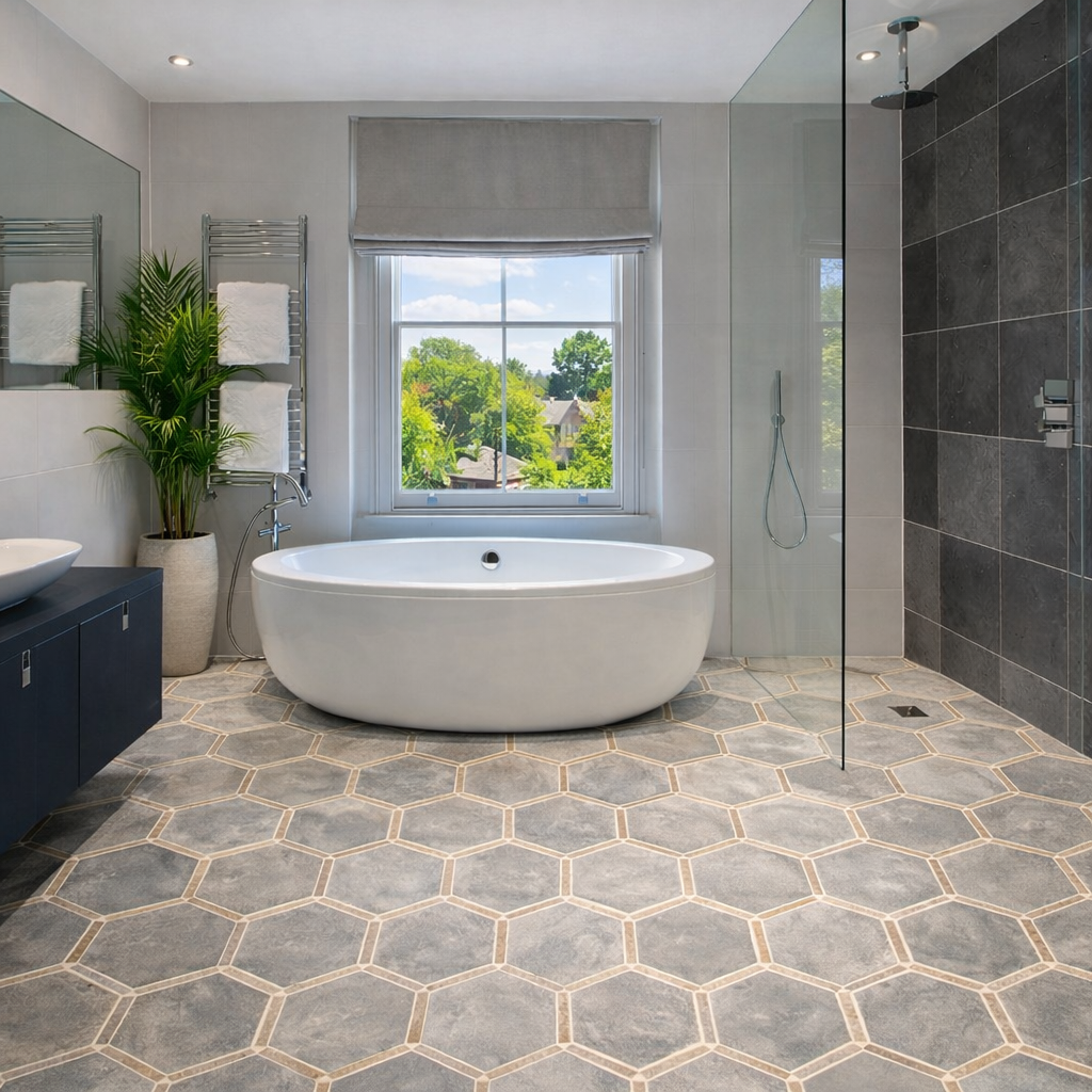Luxury hexagon-pattern vinyl flooring in a modern bathroom with freestanding bath in Surbiton and South West London
