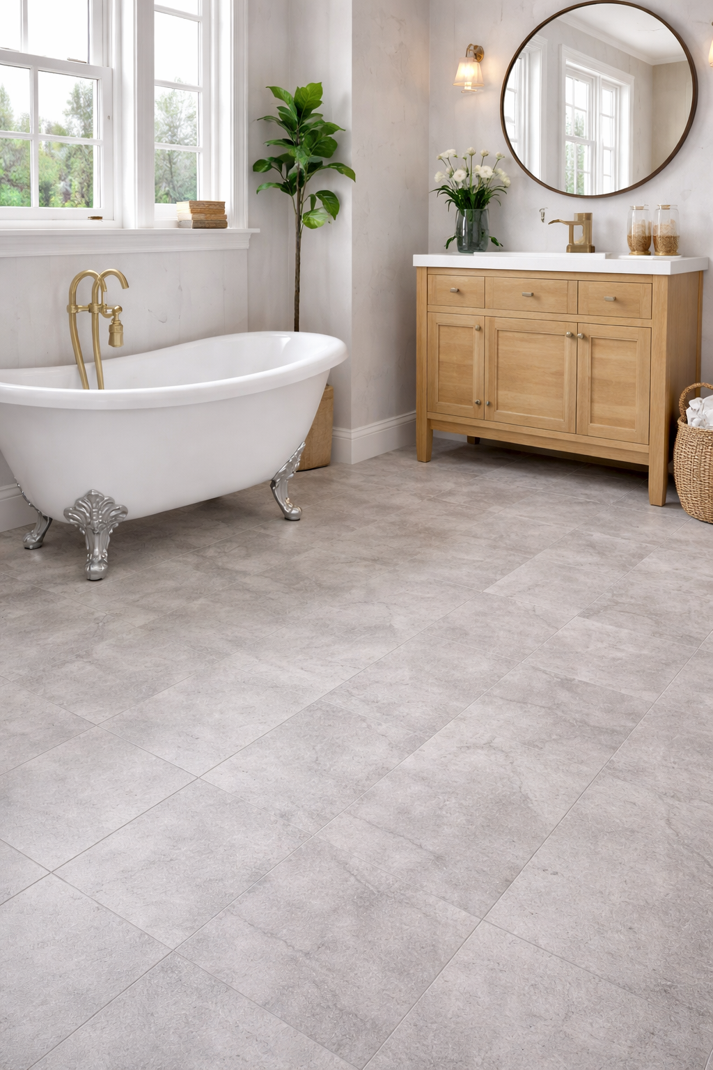 Stone-effect vinyl flooring fitted in a bright modern bathroom with practical waterproof finish in Surbiton and Southwest London
