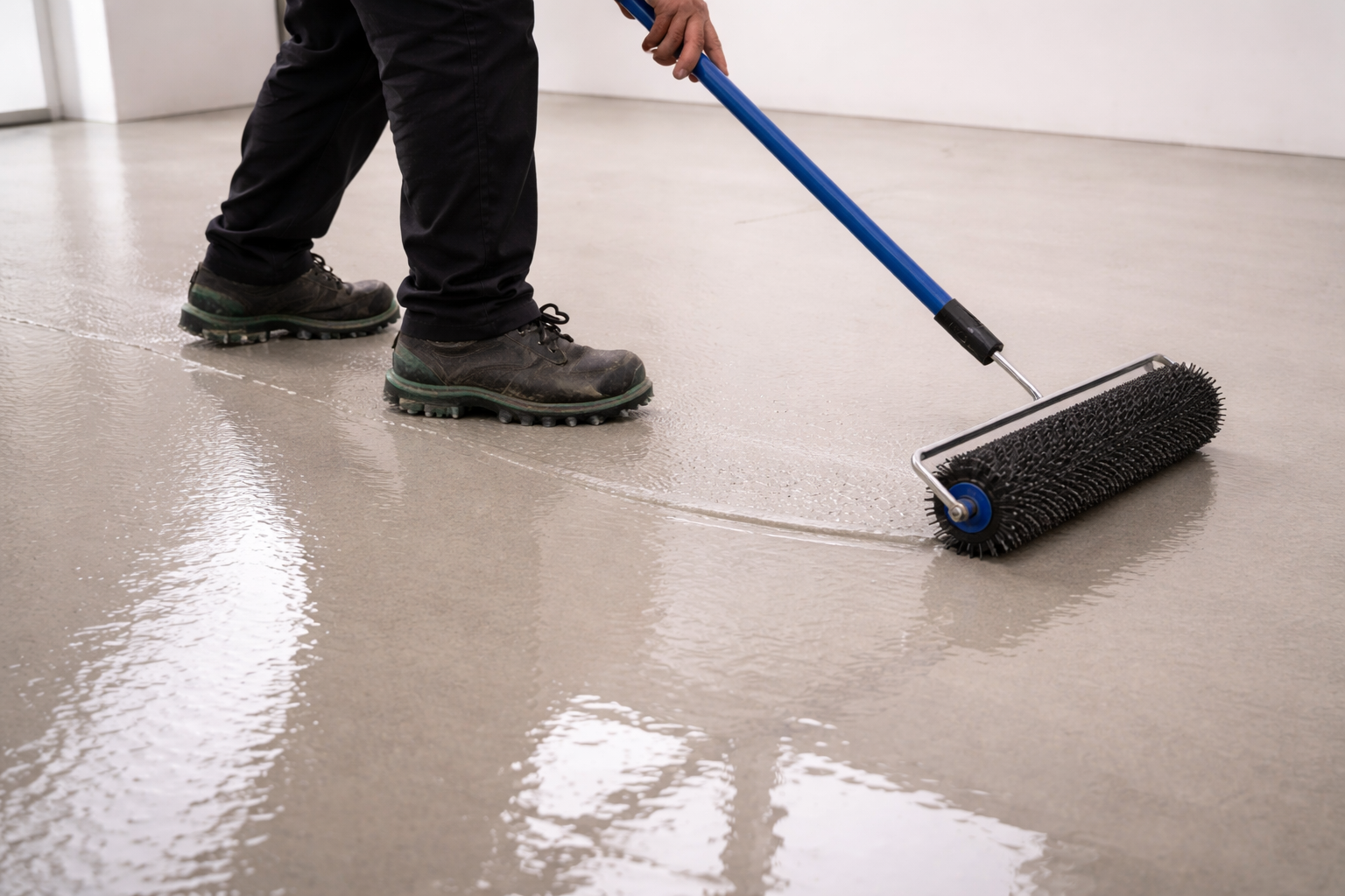 Contractor wearing spiked screed shoes using a blue handle spiked roller to level self-levelling floor compound across a smooth subfloor.