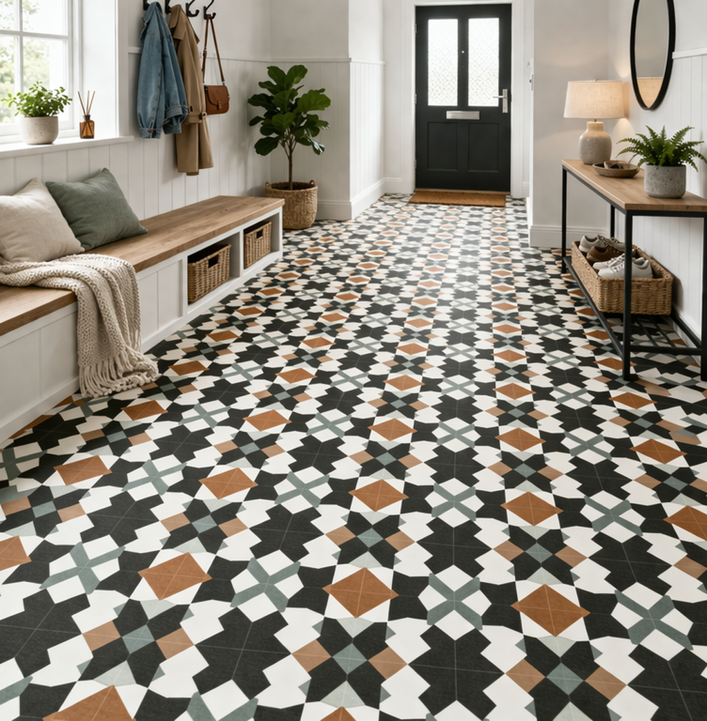 Patterned geometric vinyl flooring fitted in a bright modern hallway with bold decorative design in Surbiton and Southwest London