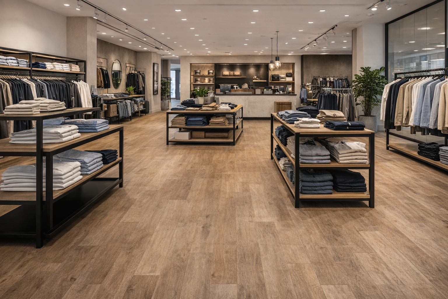 Retail shop interior with luxury vinyl tile flooring installation in Surrey, modern commercial shop floor designed for high foot traffic